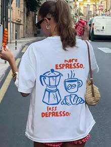 1 Women's Summer T-Shirt With Round Neck And Short Sleeves, Pink Heart And Coffee Cup Print, English Lettering, Casual And Versatile Loose Fit, Suitable For Summer, Beach, Street, Daily Wear, Work, Office Party, Going Out, Festival, Music Event, Valentine's Day, Party, White Color. - 白色 - 查看 7