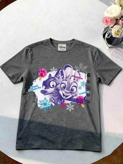 Disney Camiseta de estilo retro y urbano, con estampado gráfico de letras, hecha de tela de alta calidad, camiseta de cuello redondo de manga corta para hombre