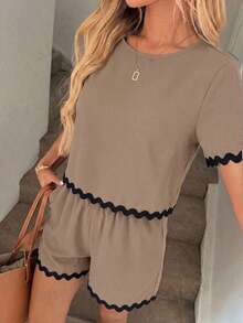 Conjunto de 2 piezas de top de manga corta con cuello redondo a cuadros y shorts casuales para mujer, de verano - Caqui - Ver 4
