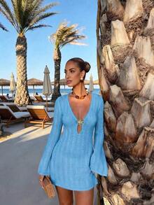Vestido de manga larga de punto para mujer, estilo de vacaciones en la playa - orquídea clara - Ver 10