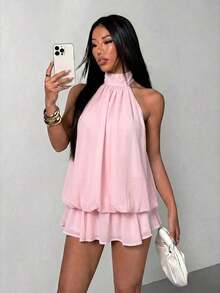 Vestido mini elegante de mujer con escote halter y lazo en color beige - Rosa Pálido - Ver 6