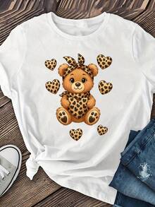 Women's Short Sleeve T-Shirt With Leopard Print, Heart And Bear Design - Casual Round Neck Top, Soft And Stretchy For Spring, Summer And Autumn, Machine Washable, Adorable Animal Design T-Shirt, Spring Fashion, Pullover Style, Seasonal Clothing, Comfortable Fit, Printed T-Shirt, For Fashion Lovers. - 白色 - 查看 8