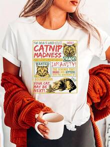 Camiseta de Moda con Estampado de Letras y Gatito Loco, Manga Corta y Cuello Redondo, Top Casual para Verano y Primavera, Ropa de Mujer - Blanco - Ver 6