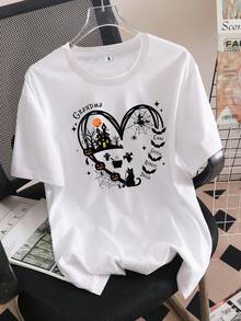 Camiseta manga corta cuello redondo 100% algodón, estampado trendy, tejido ligero y ventilado, estilo moda casual, apta para vida diaria, salidas informales y citas en primavera, verano y otoño - Blanco - Ver 1