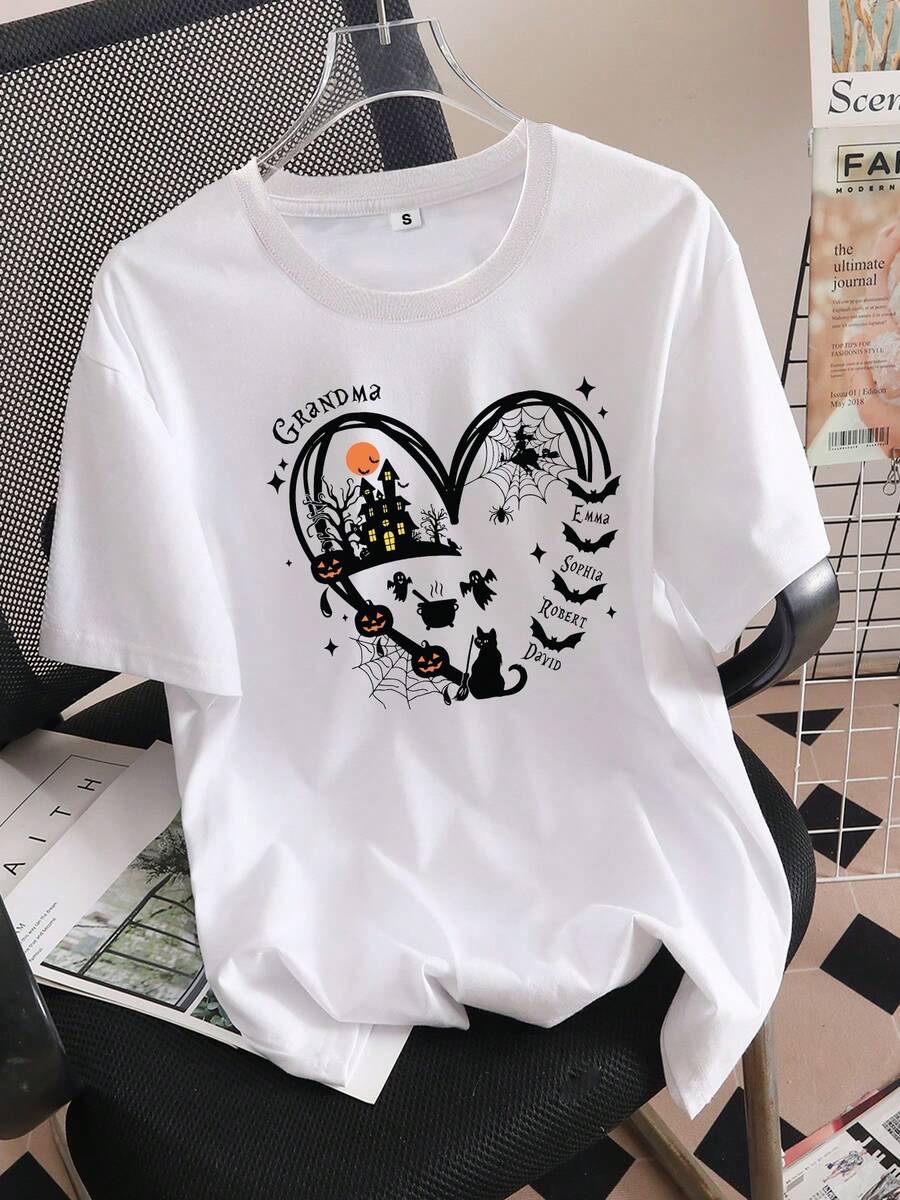 Camiseta manga corta cuello redondo 100% algodón, estampado trendy, tejido ligero y ventilado, estilo moda casual, apta para vida diaria, salidas informales y citas en primavera, verano y otoño - Blanco - Ver 1