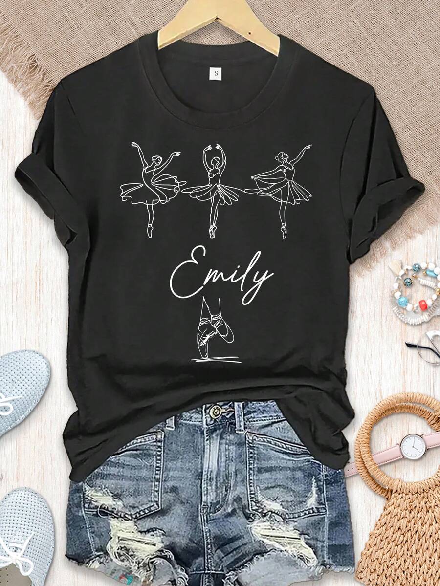 Camiseta manga corta cuello redondo 100% algodón, estampado trendy, tejido ligero y ventilado, estilo moda casual, apta para vida diaria, salidas informales y citas en primavera, verano y otoño - Negro - Ver 1