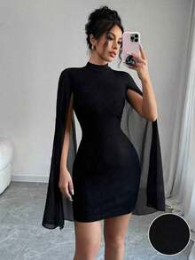 Vestido de capa ajustada con cuello mao de unicolor - Negro - Ver 8