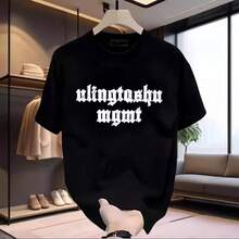 Camiseta de verano de algodón para hombre, de manga corta, holgada, versátil y casual, con estampado de letras y cuello redondo con diseño de cola de golondrina. ACW6 - 250 g de algodón puro - negro con cuatro detalles dorados - Ver 4
