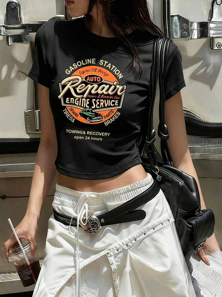 Women's Short-Sleeved Crew Neck T-Shirt, Super Cute Fitted Cropped Cut, Summer Edition Letter Print, Attractive Youthful Style Ideal For Going Out And Everyday Wear M0YL - 黑色 - 查看 1