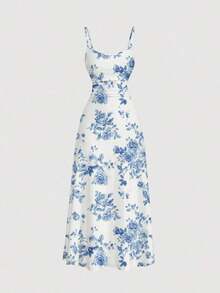 Casual Minimalist Blue & White Floral Print Dress, Women's Vacation Outfit, Boho Style, Hawaii Beach Dress, Country Style For Women, Ruched Waist Swing Strap Dress For Summer,Summer Dresses,Sun Dress Summer Clothes Women Dresses Women Elegant Dresses Woman Dress,Pastel Dresses For Women Suitable For Going Out Chic Dress - Multicolor 4 - Ver 5