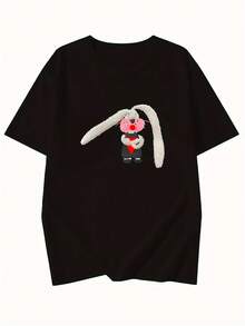 Camiseta de Mujer con Estampado de Conejo de Dibujos Animados Y2K - Top Negro de Manga Corta con Cuello Redondo, Camiseta Casual de Verano con Diseño de Conejo Adorable, Corte Holgado para un Efecto Informal, Camiseta de Conejo - Negro - Ver 6