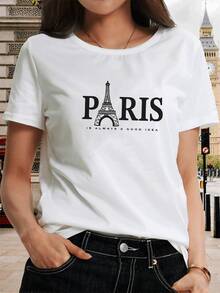 Eiffel Tower Motif With The Word Paris Symbolizing Romantic Travel And Modern Urban Dreams. Women's T-Shirt, 100% Soft And Comfortable Cotton For Everyday Wear - 白色的 - 查看 6
