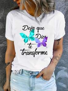 Women's Short-Sleeved T-Shirt, Casual Summer Style, With Spanish Text And Butterfly Print, Soft And Stretchy Fabric, Round Neck, Casual Church Wear, Machine Washable For Year-Round Comfort, Suitable For Spanish Students And Bible Study, Sporty Smart Style, With The Spanish Phrase "LET ME BE TRANSFORMED" And Butterfly Design, Loose And Casual Fit. - 白色 - 查看 12