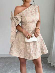 Vestido mini asimétrico de hombro con cintura recogida, decoración de lazo y tela jacquard, elegante para fiesta/cita, primavera/verano - Rosa Pálido - Ver 4