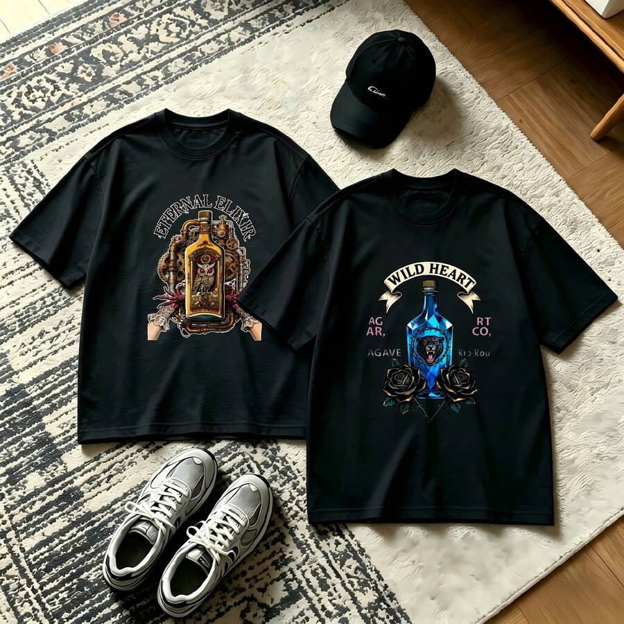 2-Piece Couple Matching Pattern T-Shirt, 100% Cotton, Loose Fit, Soft And Breathable, Casual Round Neck Short Sleeved Top Red Rose Heart Pattern Print Design Versatile Patterns No Picky Combinations Coordinated Dating Casual Travel Simple And Cartoonish Printing Styles High Cost-Effectiveness Couple - 黑色 - 查看 1