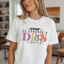 Women's Pure Cotton T-Shirt With Bible Verse Print, "To Love Is To Know God" 1 John 4:8, Letter Print, Short Sleeve, Casual Style, Loose Fit For Everyday Wear, Sizes S-5XL Available, Suitable For Spring, Summer And Autumn. - 白色 - 查看 7