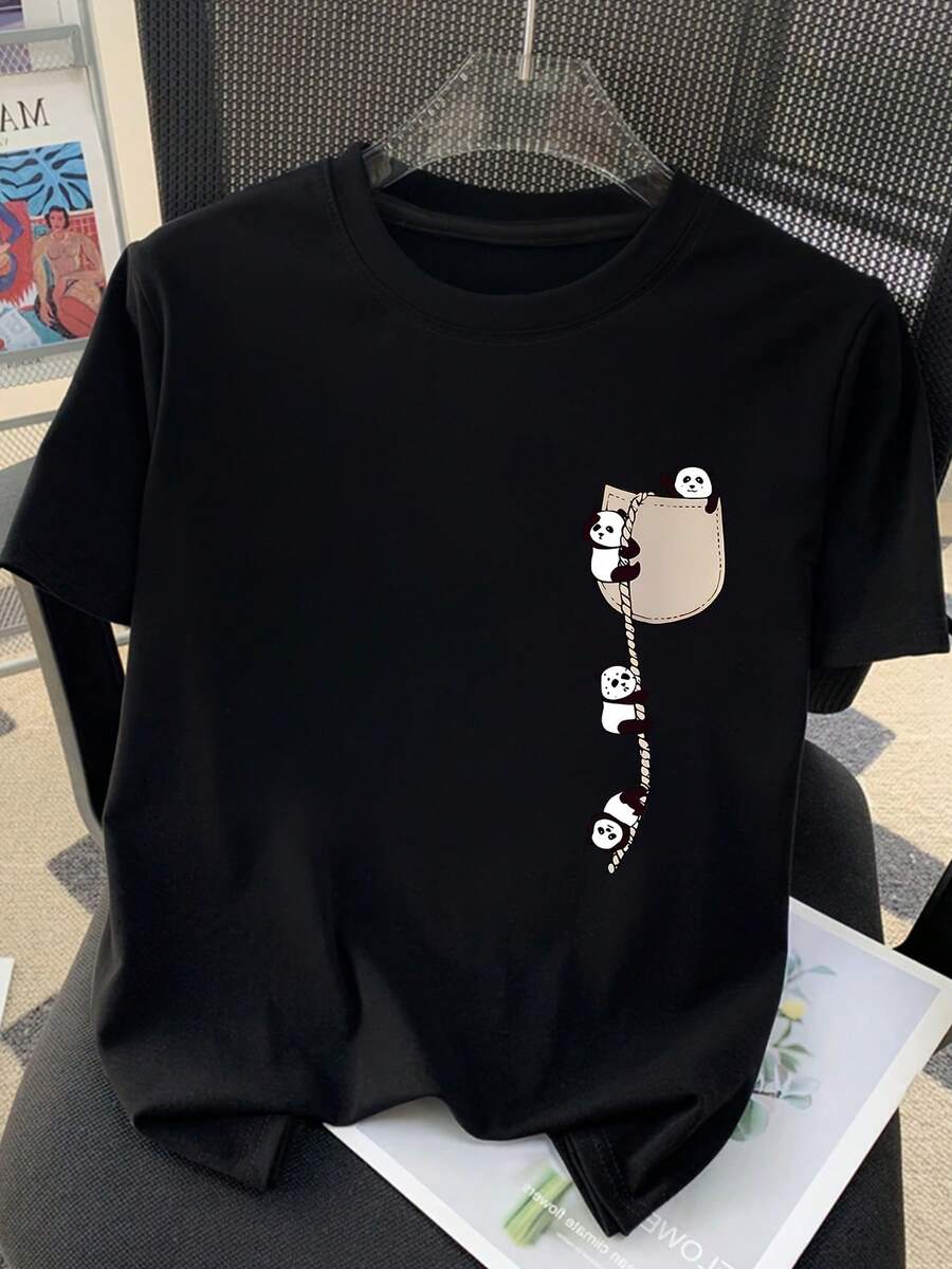 Camiseta Casual de Verano para Mujer, Cuello Redondo, Estampado de Panda, Manga Corta, Nueva Moda 2026 - Negro - Ver 1