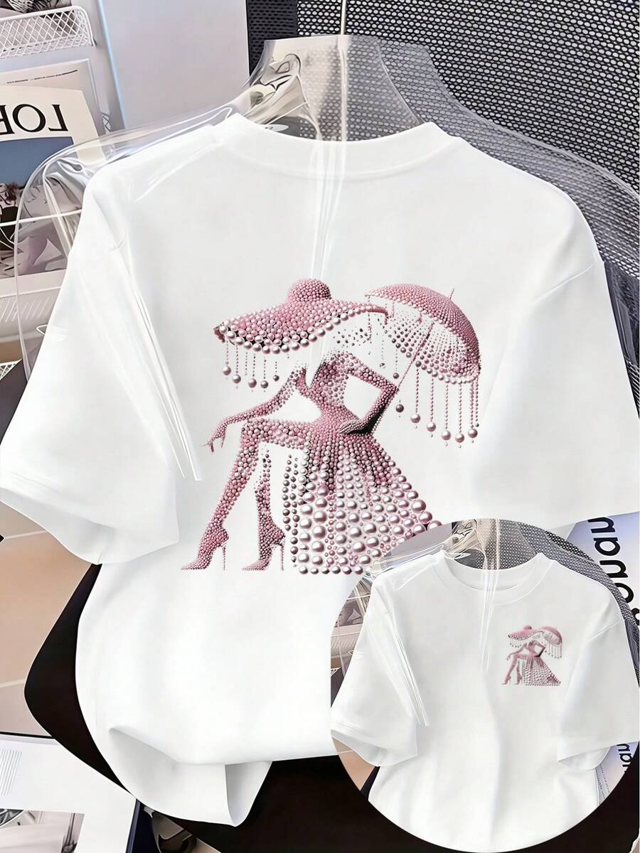 Camiseta de Mujer con Estampado de Diamantes Rosados y Paraguas - Blusa de Manga Corta con Cuello Redondo Suave, Top Compatible, Camisa Casual de Verano Lavable a Máquina, Adecuada para Mujeres, Conjuntos de Primavera, Uniformes y Atuendos Casuales - Blanco - Ver 1