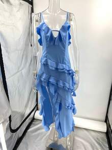 Elegant Plain Dress With Straps, Irregular Design, European Style, Ideal For Parties And Events - 藍色 - 查看 8