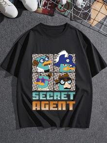 Gráfico divertido de pato agente secreto con gafas, sombrero y casco de pirata que simboliza curiosidad valentía e ingenio en cada aventura camiseta de mujer  cómoda y casual para uso diario - Negro - Ver 3