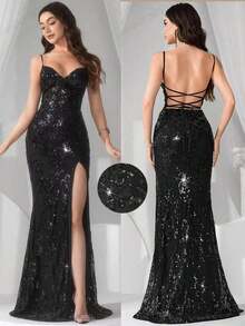 Vestido de noche con abertura alta en el muslo, con lentejuelas y diseño de patchwork, con espalda descubierta y silueta de sirena para mujer - Negro - Ver 9