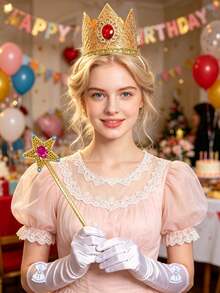 Birthday Party Crown Headband, 5-Pointed Star Magic Wand, White Bow Gloves Combo, Princess Costume Accessories Set, Party Supplies - View 1
