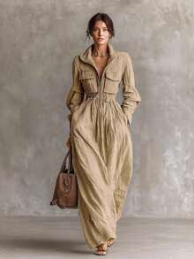 Solapa de cremallera de mujer, cintura elástica, vestido largo de vacaciones, estilo de vestir de mujer - Caqui - Ver 1