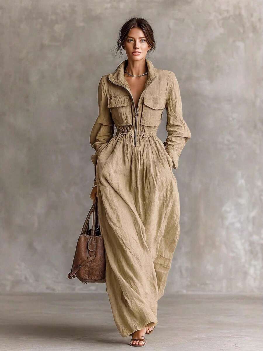 Solapa de cremallera de mujer, cintura elástica, vestido largo de vacaciones, estilo de vestir de mujer - Caqui - Ver 1