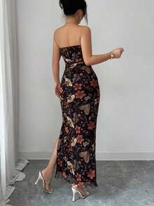 de fiesta elegante de mujer con cintura ceñida, estampado de malla teñida anudada y abertura lateral - Negro - Ver 3