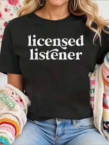 Camiseta de mujer con licencia de oyente, consejera de salud mental, terapeuta, camiseta de comodidad, camiseta de manga corta y cuello redondo casual para mujer - Negro - Ver 6