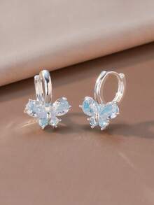 1 Coppia di orecchini molletta a forma di C in argento con design a farfalla blu e fiore doppia faccia, orecchini molletta con petali in cristallo CZ per donne, adatti per uso quotidiano, compleanni e altre occasioni romantiche - Multicolore - Visualizzare 8