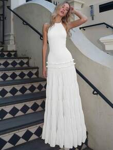 Vestido nuevo de verano mujer halter con pliegues espalda descubierta estilo sensual elegante moda europea - Blanco - Ver 6