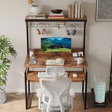 Computer Table, Study Table, Desk With Computer Stand Groove Design, Ergonomic And With Storage Rack - màu nâu - Xem 4