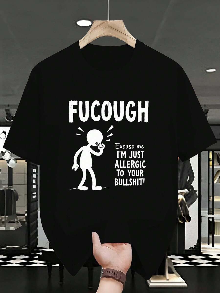 FUCOUGH Men's T-Shirt With Sarcastic Humor - Short Sleeve And Funny Crew Neck, Ideal For Allergy Season, Gym, Outdoors And Parties, Machine Washable, Casual Gift For Laughter Lovers, All Year Comfort For Training And Daily Wear - 黑色 - 查看 1