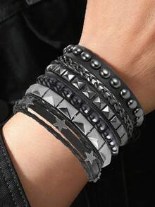 Bộ 4 vòng tay phong cách Punk Rock, vòng tay da đính gai, kiểu dáng thập niên 80, chất liệu da PU, trang sức thời trang Gothic cho Halloween dành cho nam và nữ. - màu đen - Xem 6