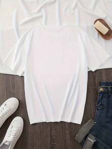 Women's Valentine's Day Teddy Bear And Heart Print T-Shirt, Round Neck, Casual Short-Sleeve T-Shirt / Short-Sleeve Tee - 白色的 - 查看 2