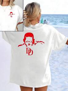 Red Figure Showing A Defiant Face With Horns Symbolizing Strength, Courage And Overcoming, Highlighting Inner Power And The Duality Of Character. Modern And Comfortable Double-Print Women's T-Shirt For Casual Wear - 白色 - 查看 1