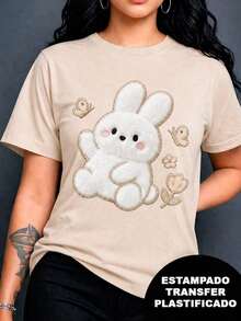 Soft, Soft Printed T-Shirt With A Rabbit Design, Plush Effect And Embroidery But It's A Print, Printed Design, Colorful, Modern, Casual T-Shirt, Round Neck, Short Sleeves, Ideal For Everyday Wear, Loose, Fashionable, For Everyday Wear, Blouses For Women, Blouses For Women - 杏色 - 查看 1