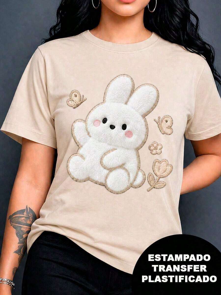 Soft, Soft Printed T-Shirt With A Rabbit Design, Plush Effect And Embroidery But It's A Print, Printed Design, Colorful, Modern, Casual T-Shirt, Round Neck, Short Sleeves, Ideal For Everyday Wear, Loose, Fashionable, For Everyday Wear, Blouses For Women, Blouses For Women - 杏色 - 查看 1