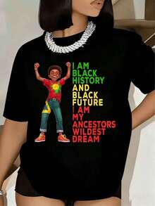 Women's T-Shirt With Graphic Print "History And The Future, I Am The Wild Plus-Size Dream Of My Ancestors" Short Sleeve And Round Neck For History Month Celebration, Casual Wear, 220g - 黑色 - 查看 5
