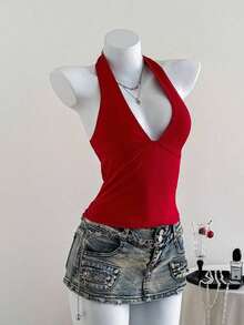Top de tanque de vacaciones sin espalda de unicolor con cuello en V para mujeres, se puede usar como un collar colgante - Rojo - Ver 4