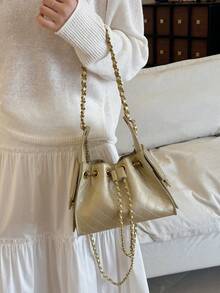Rhombus Pattern Women's Large Capacity Shoulder Crossbody Drawstring Bucket Bag, Commuter Handbag - Gold - View 4