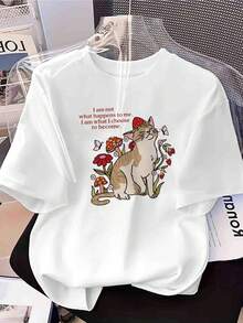 Women's T-Shirt With Cat, Garden, And Strawberry Print, Pure Cotton, Round Neck - Lightweight Casual Fantasy Design For Spring/Summer And Iconic Quotes - Machine Washable, Comfortable Clothing For Casual Wear And Parties - Women's Tops - 白色 - 查看 7