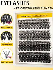 Kit de extensión de pestañas DIY con 320 piezas de rizo D, pestañas postizas individuales suaves y esponjosas de 30D-60D, incluye pegamento para pestañas, removedor y pinzas - Negro - Ver 3