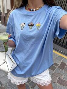 Y2K Style, Fashion Style, Newest Of 2026, Cute Style, Casual Style. Silly Goose Embroidery T-Shirt: Funny 90s Retro Style Gift T-Shirt For Women 180g (S-XXXL) - 藍色的 - 查看 5