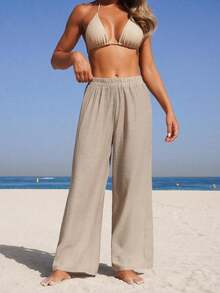 Swim Pantalones cover up unicolor de cintura elástica - Caqui - Ver 4