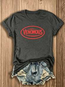 Double Sided Graphic Women's T-Shirt, Red Venomous Snake Floral Print, Classic Americana 100% Cotton Unisex Tee, Casual Everyday Summer Top - 灰色 - 查看 2