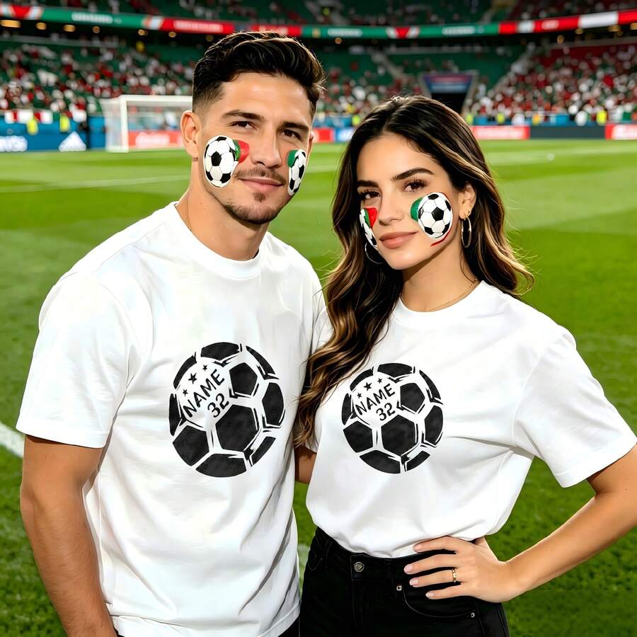 Couple Football Pattern T-Shirt, 100% Cotton, Loose Fitting, Soft And Breathable, Casual Round Neck Short Sleeved Top Soccer Ball With Name And Number Printed Patterns, Dating, Leisure Travel, Gatherings, Simple Cartoon Printing Style, High Cost-Effectiveness Suitable For Watching Live Sports Games, - 白色 - 查看 1