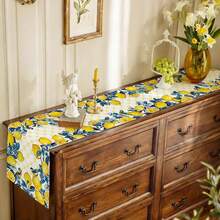 1pc Summer Lemon Bird Tablecloth, Blue Floral Coarse Linen Tablecloth, Geometric Pattern Seasonal Coffee Table Center Decor For Home, Kitchen, Dining Room, Party, Indoor & Outdoor - Blue - View 5