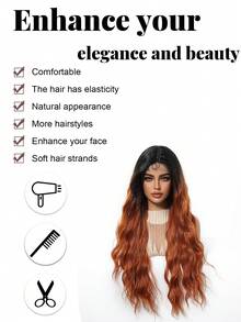 26 Inch Black And Burnt Orange 13*5*1T Lace Front Wig, Middle Part Long Wavy Curly Lace Wig, Heat Resistant Synthetic Lace Wig, Suitable For Daily Wear, Halloween, Y2K, Cosplay And Music Festivals, Ideal For Beginners, Holiday Gift For Girls - Burnt Orange - View 7